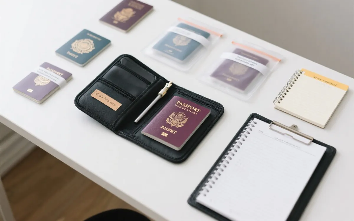 多人团体出行的证件收纳与清单核对，桌面上整齐摆放文件夹与标签